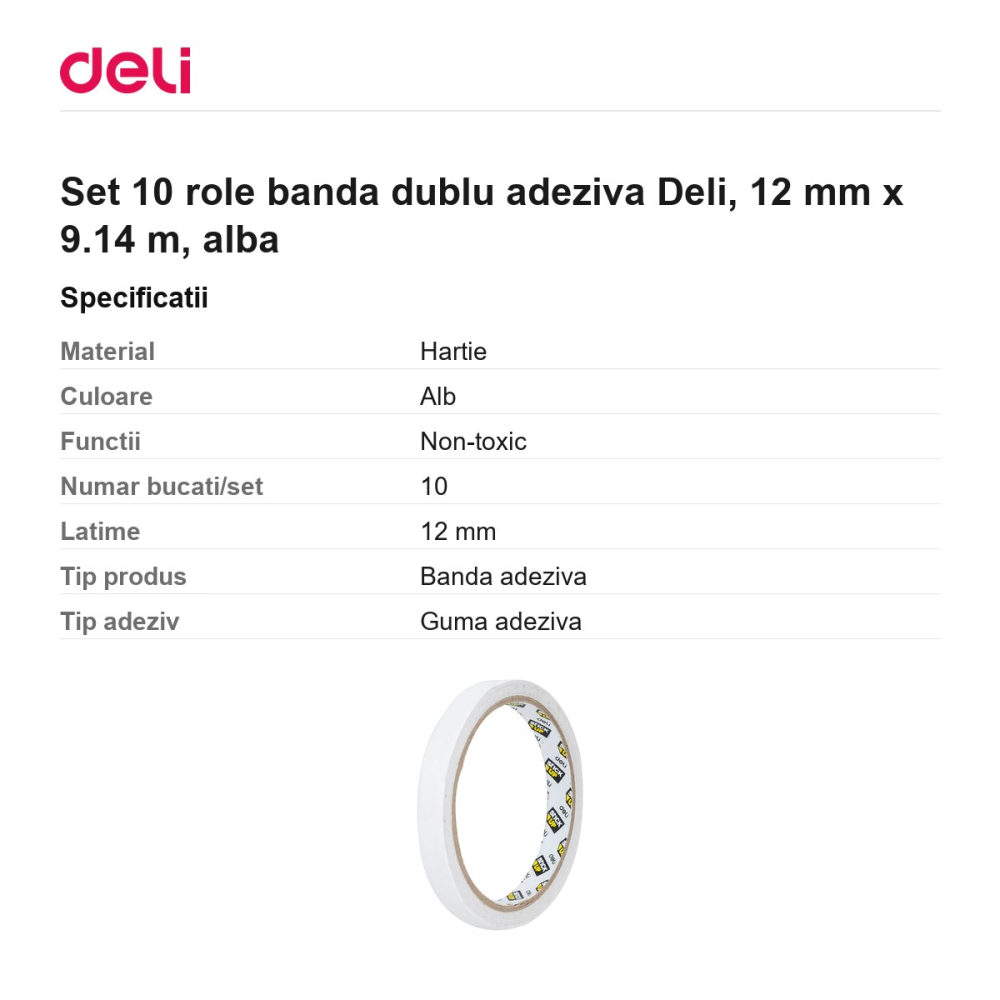 Set 10 role banda dublu adeziva Deli, 12 mm x 9.14 m, alba [3]