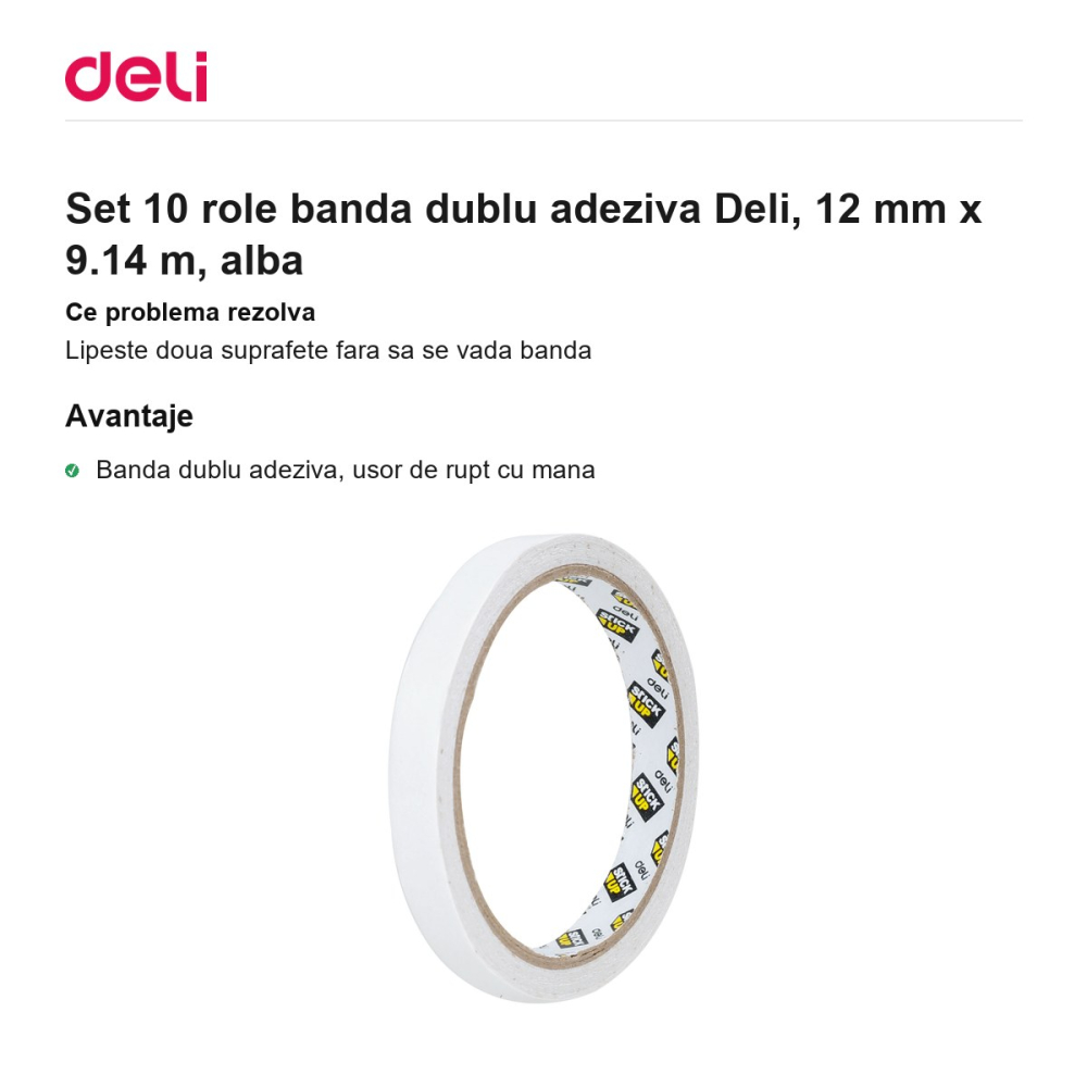 Set 10 role banda dublu adeziva Deli, 12 mm x 9.14 m, alba [2]
