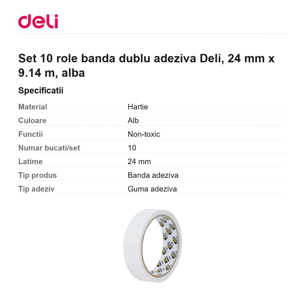 Set 10 role banda dublu adeziva Deli, 24 mm x 9.14 m, alba [3]
