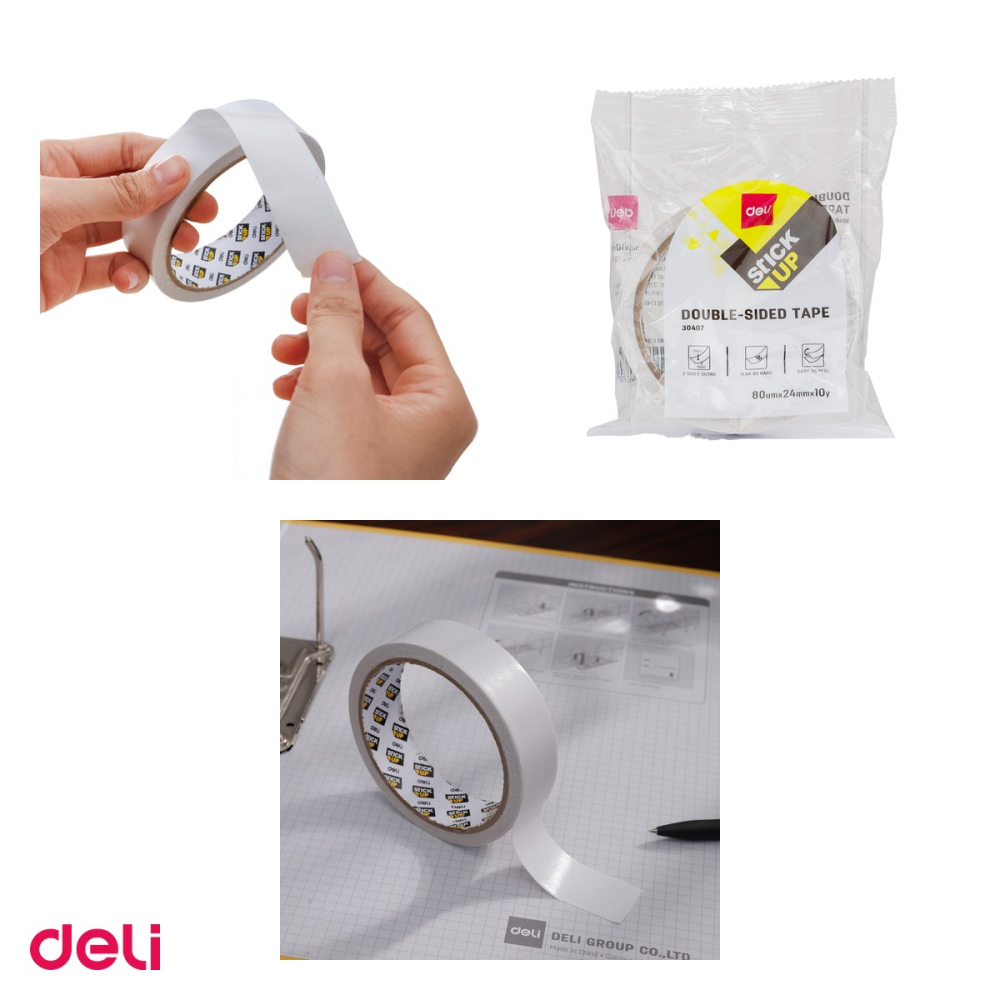Set 10 role banda dublu adeziva Deli, 24 mm x 9.14 m, alba [4]