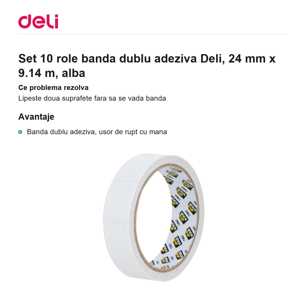 Set 10 role banda dublu adeziva Deli, 24 mm x 9.14 m, alba [2]