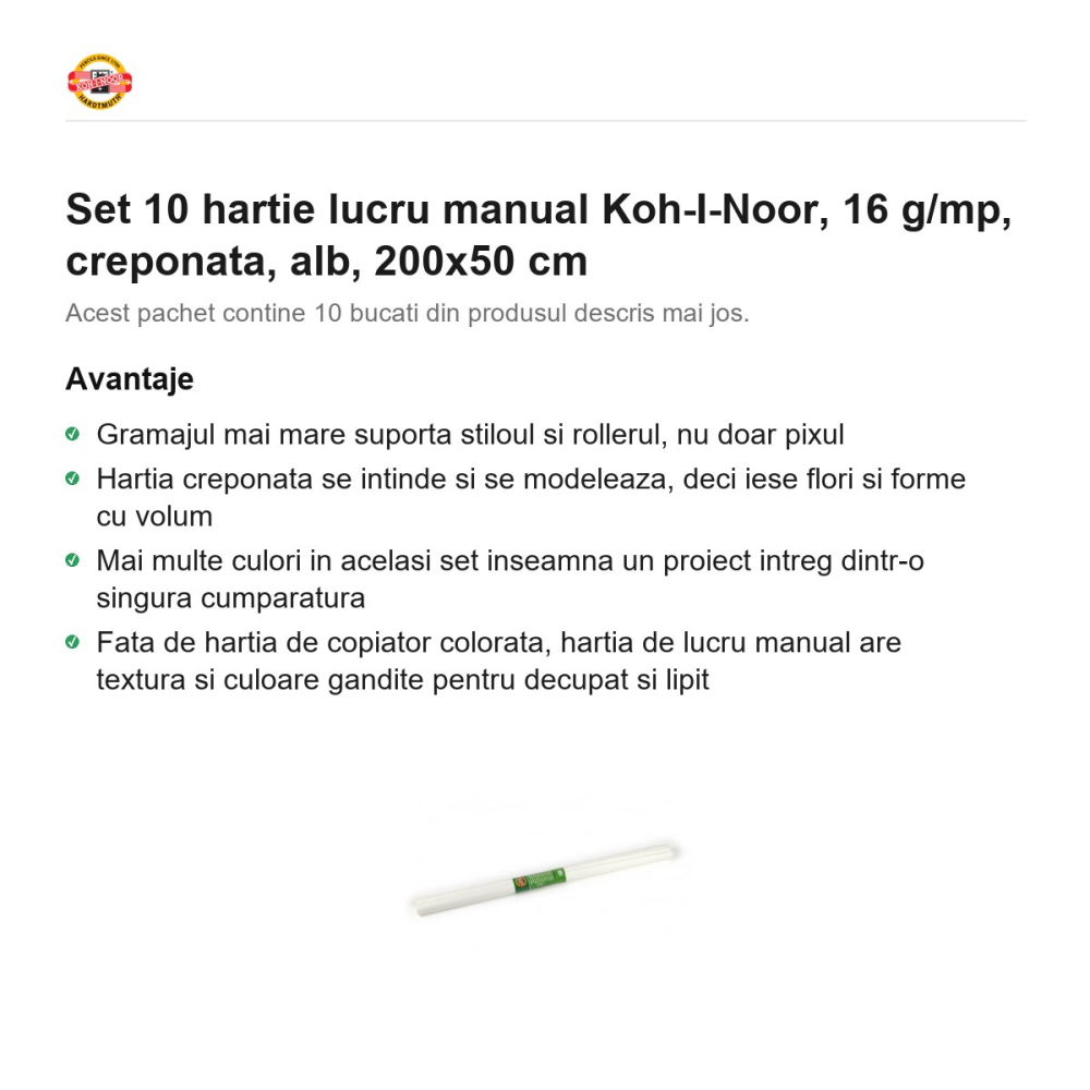 Set 10 role hartie creponata alba Koh-I-Noor, 200 x 50 cm, pentru decoratiuni si activitati craft [2]