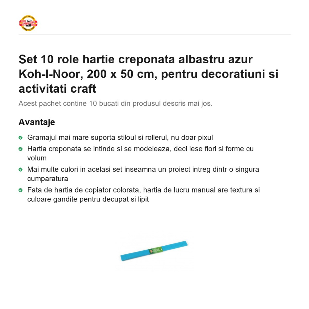 Set 10 role hartie creponata albastru azur Koh-I-Noor, 200 x 50 cm, pentru decoratiuni si activitati craft [2]