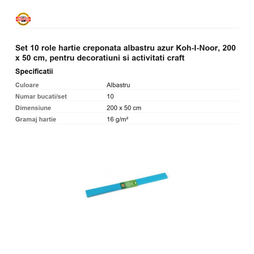 Set 10 role hartie creponata albastru azur Koh-I-Noor, 200 x 50 cm, pentru decoratiuni si activitati craft [3]