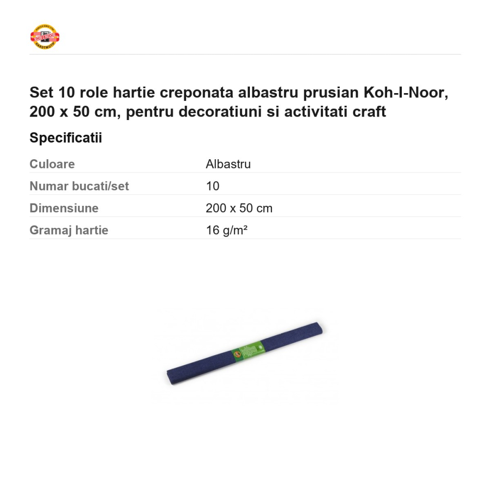 Set 10 role hartie creponata albastru prusian Koh-I-Noor, 200 x 50 cm, pentru decoratiuni si activitati craft [3]