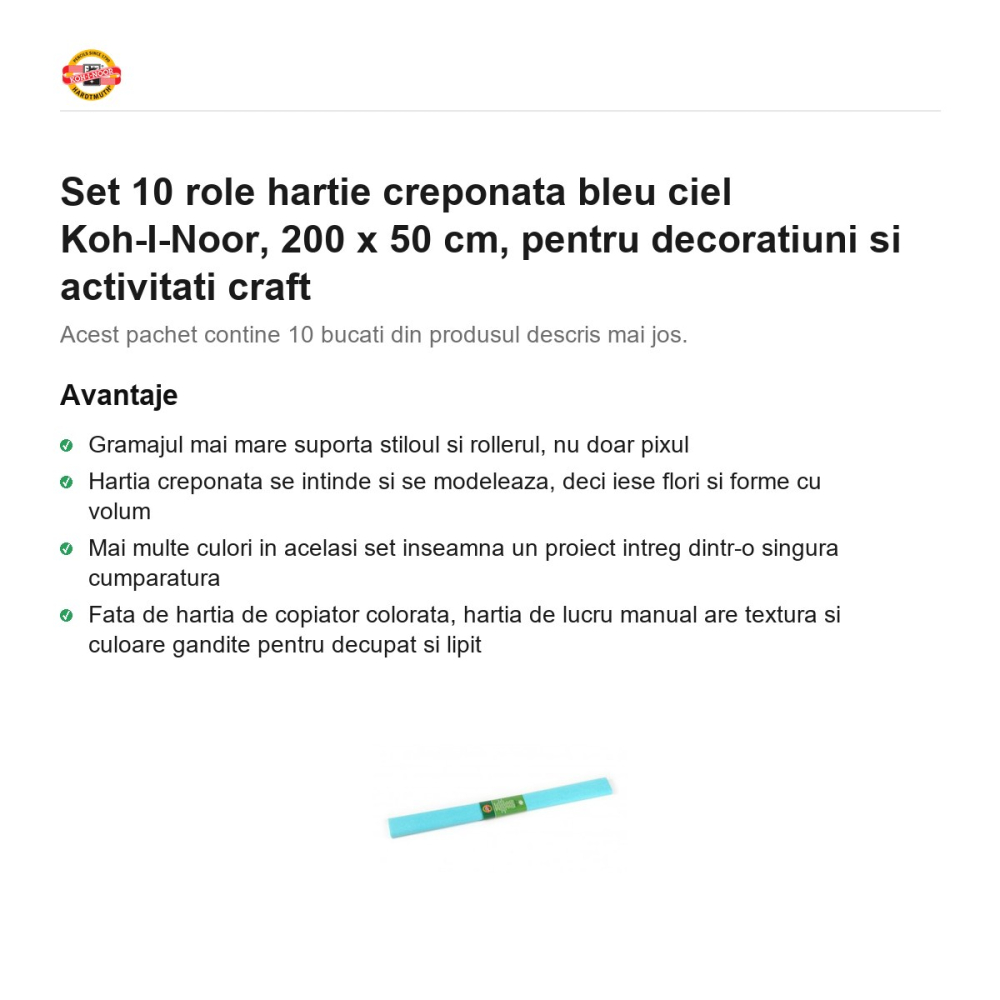 Set 10 role hartie creponata bleu ciel Koh-I-Noor, 200 x 50 cm, pentru decoratiuni si activitati craft [2]