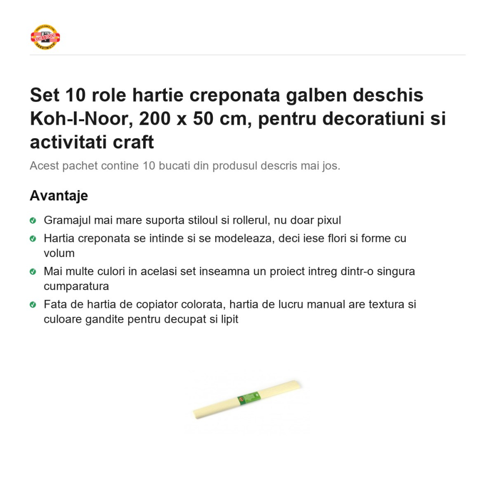 Set 10 role hartie creponata galben deschis Koh-I-Noor, 200 x 50 cm, pentru decoratiuni si activitati craft [2]