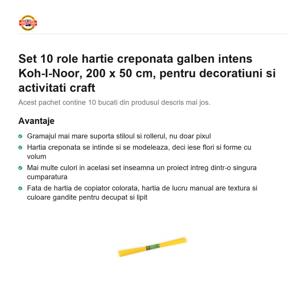Set 10 role hartie creponata galben intens Koh-I-Noor, 200 x 50 cm, pentru decoratiuni si activitati craft [2]
