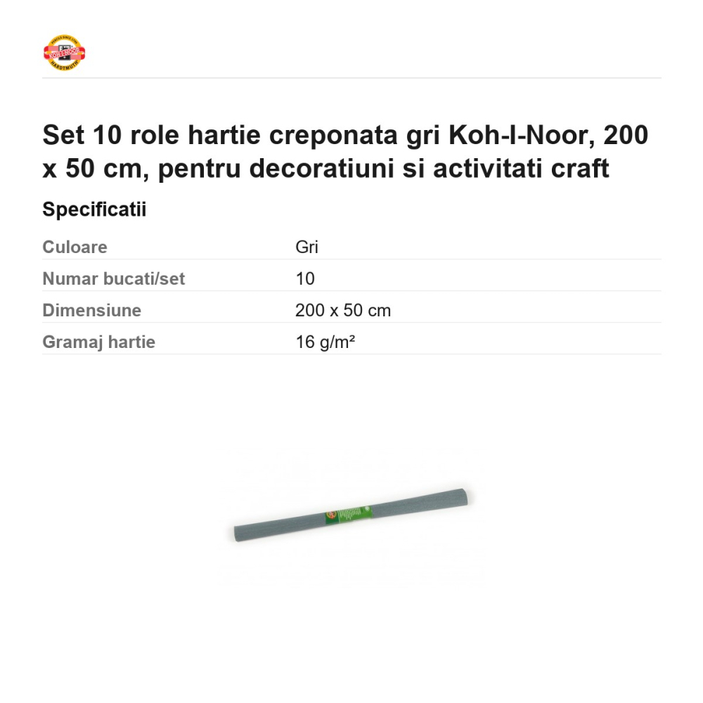 Set 10 role hartie creponata gri Koh-I-Noor, 200 x 50 cm, pentru decoratiuni si activitati craft [3]