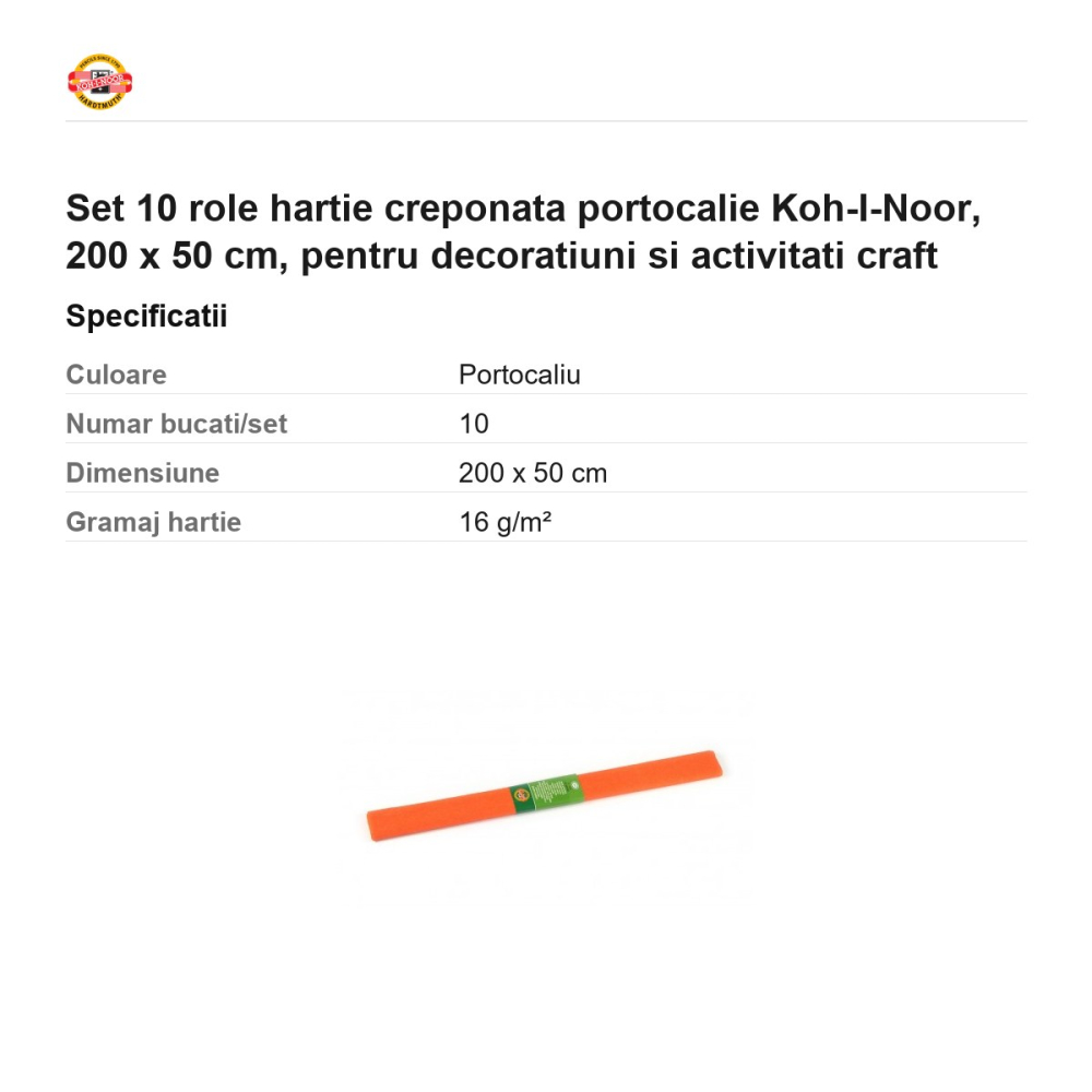 Set 10 role hartie creponata portocalie Koh-I-Noor, 200 x 50 cm, pentru decoratiuni si activitati craft [3]