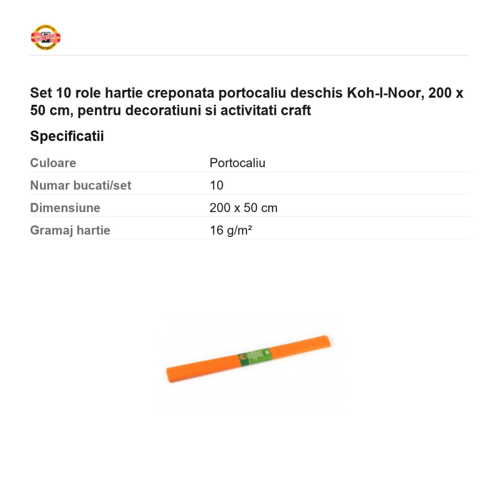Set 10 role hartie creponata portocaliu deschis Koh-I-Noor, 200 x 50 cm, pentru decoratiuni si activitati craft [3]