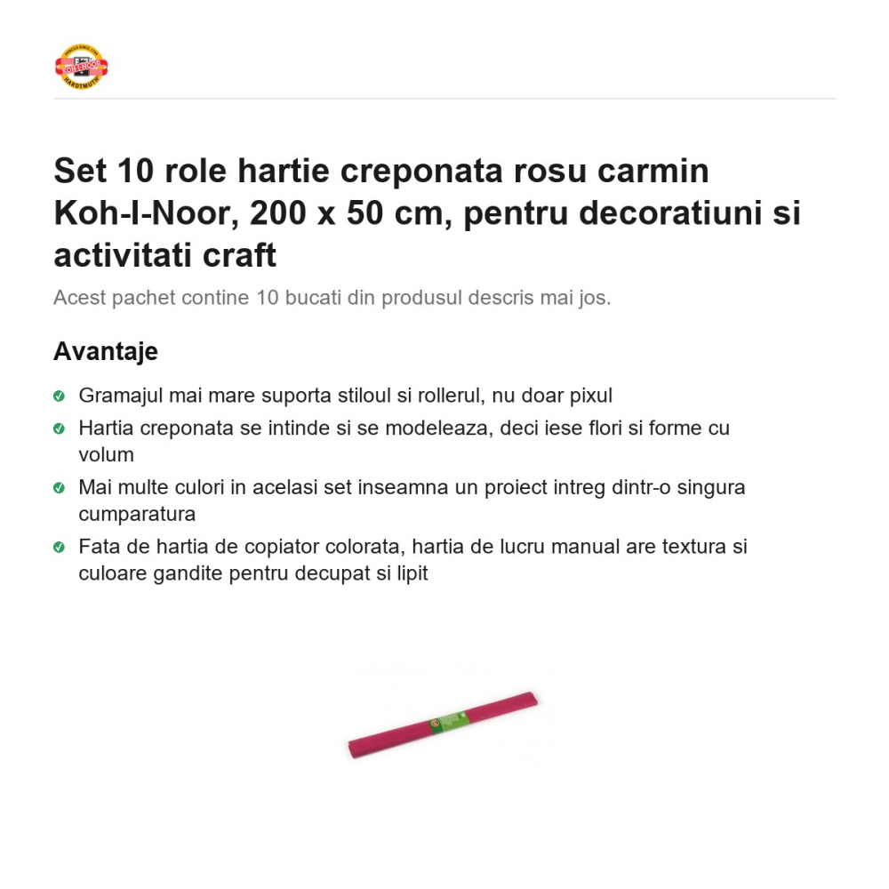 Set 10 role hartie creponata rosu carmin Koh-I-Noor, 200 x 50 cm, pentru decoratiuni si activitati craft [2]