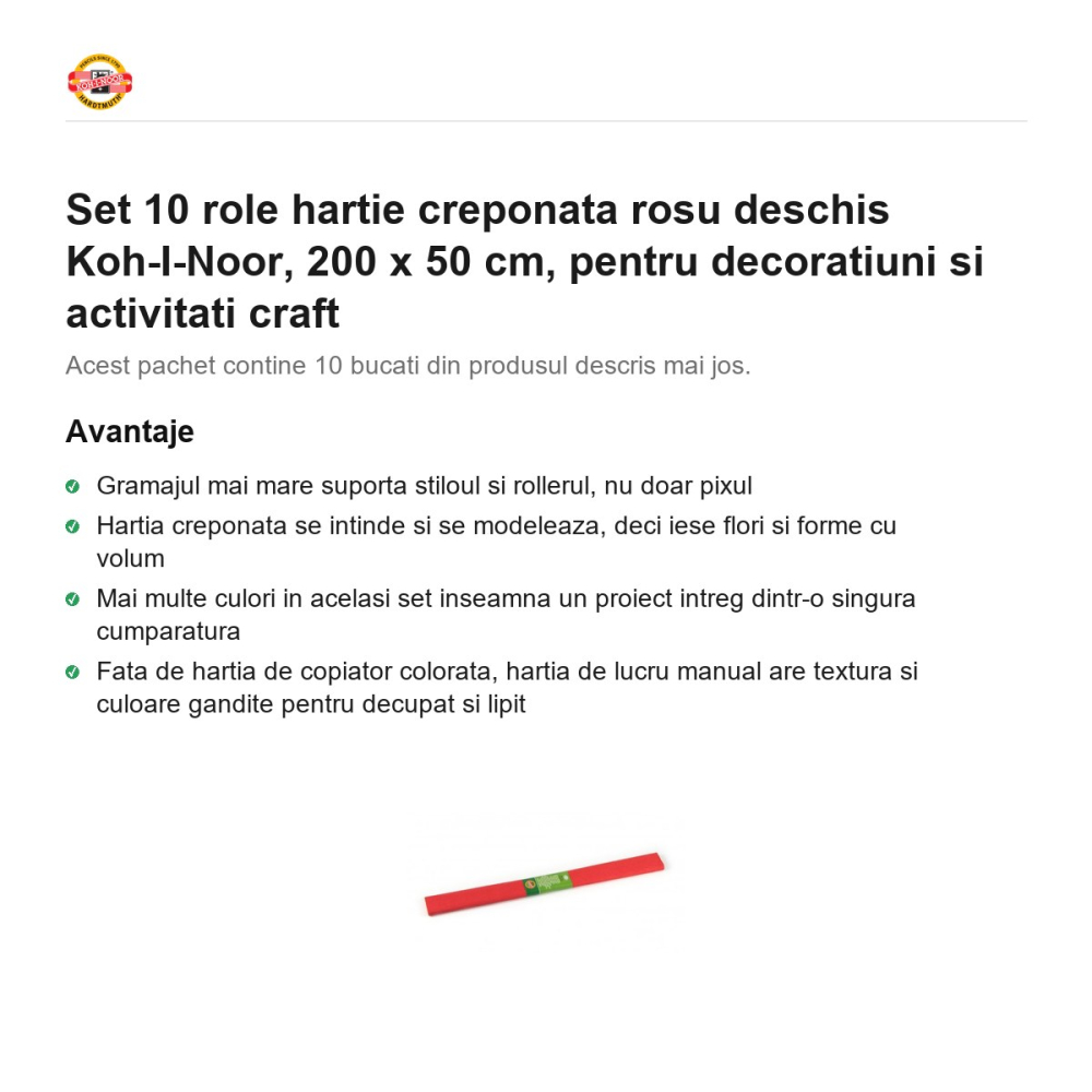 Set 10 role hartie creponata rosu deschis Koh-I-Noor, 200 x 50 cm, pentru decoratiuni si activitati craft [2]
