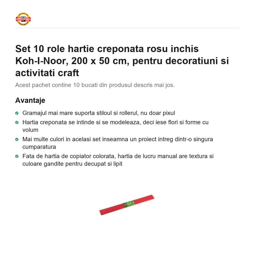 Set 10 role hartie creponata rosu inchis Koh-I-Noor, 200 x 50 cm, pentru decoratiuni si activitati craft [2]