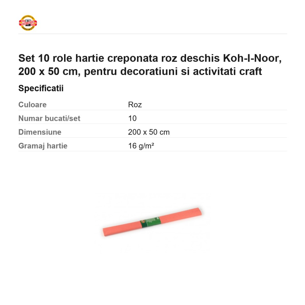 Set 10 role hartie creponata roz deschis Koh-I-Noor, 200 x 50 cm, pentru decoratiuni si activitati craft [3]