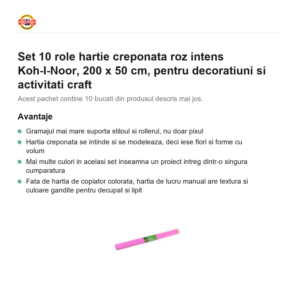 Set 10 role hartie creponata roz intens Koh-I-Noor, 200 x 50 cm, pentru decoratiuni si activitati craft [2]