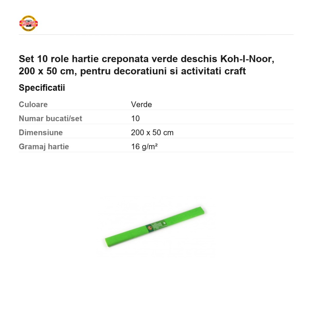 Set 10 role hartie creponata verde deschis Koh-I-Noor, 200 x 50 cm, pentru decoratiuni si activitati craft [3]