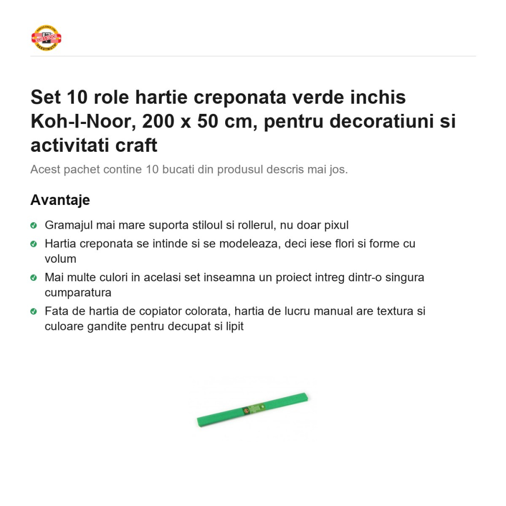 Set 10 role hartie creponata verde inchis Koh-I-Noor, 200 x 50 cm, pentru decoratiuni si activitati craft [2]
