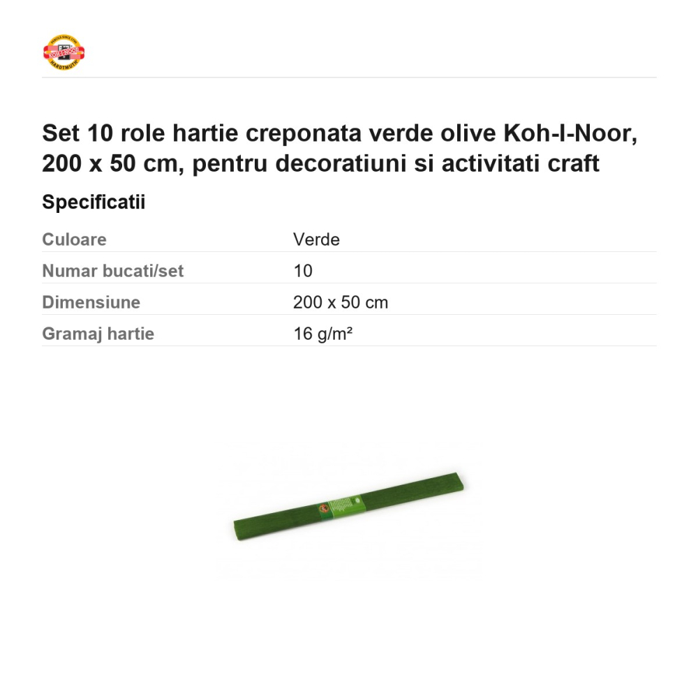 Set 10 role hartie creponata verde olive Koh-I-Noor, 200 x 50 cm, pentru decoratiuni si activitati craft [3]