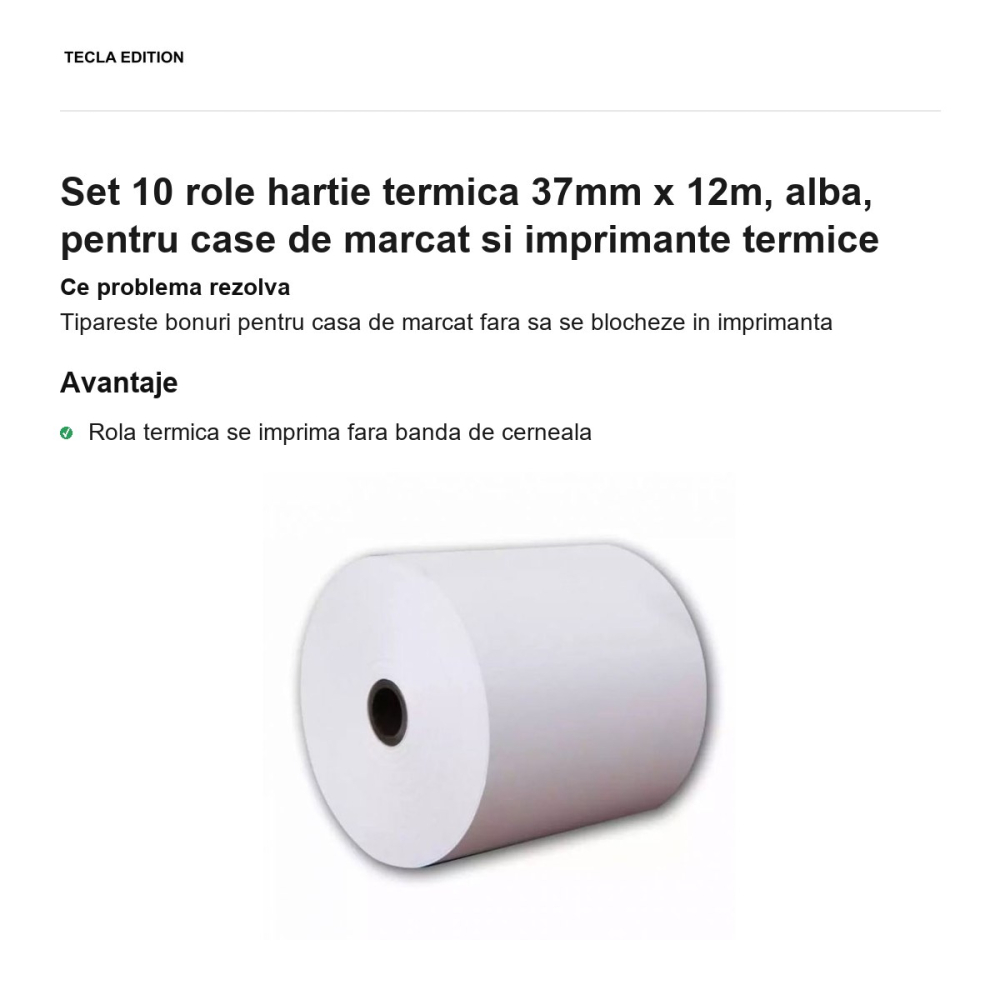 Set 10 role hartie termica 37mm x 12m, alba, pentru case de marcat si imprimante termice [2]