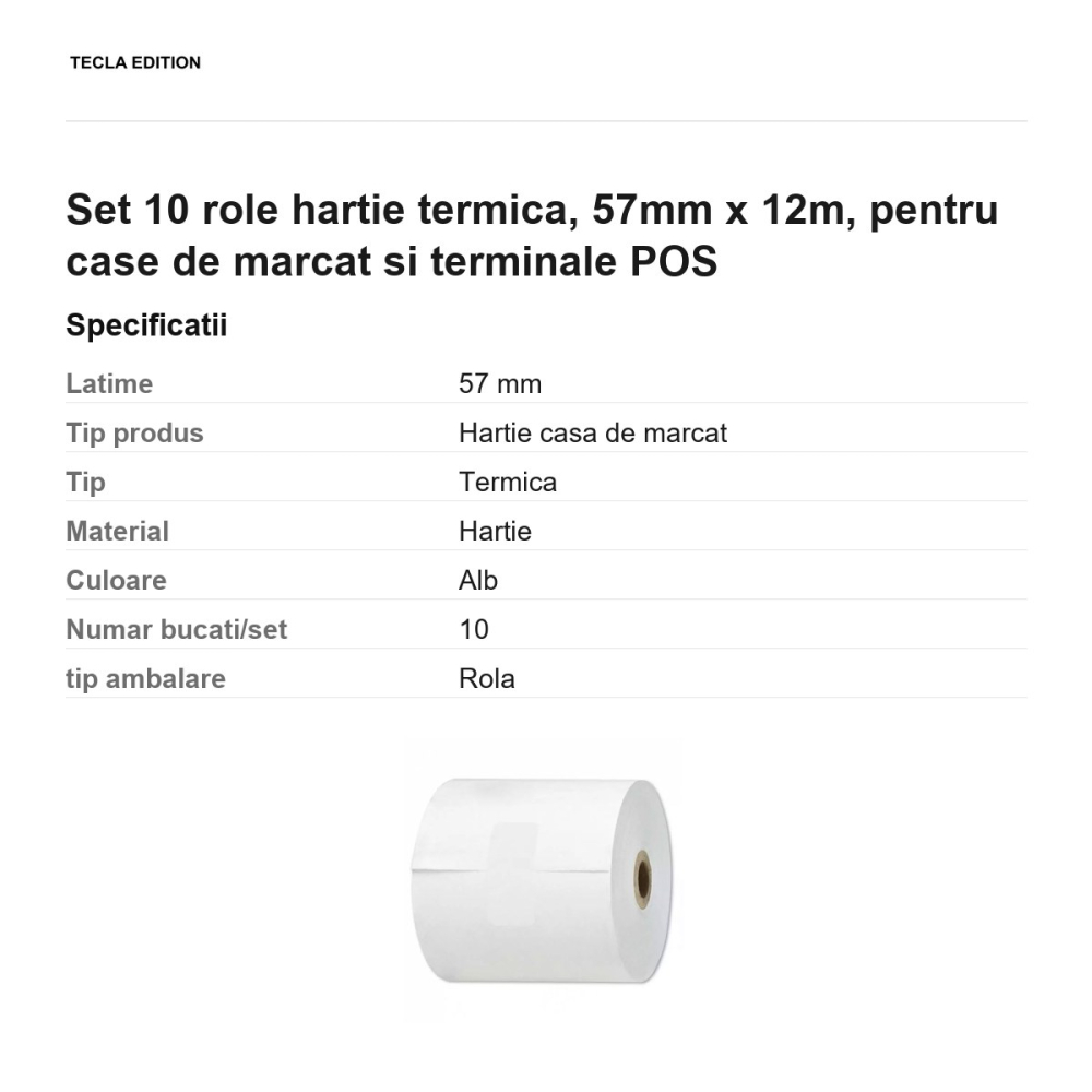 Set 10 role hartie termica, 57mm x 12m, pentru case de marcat si terminale POS [3]
