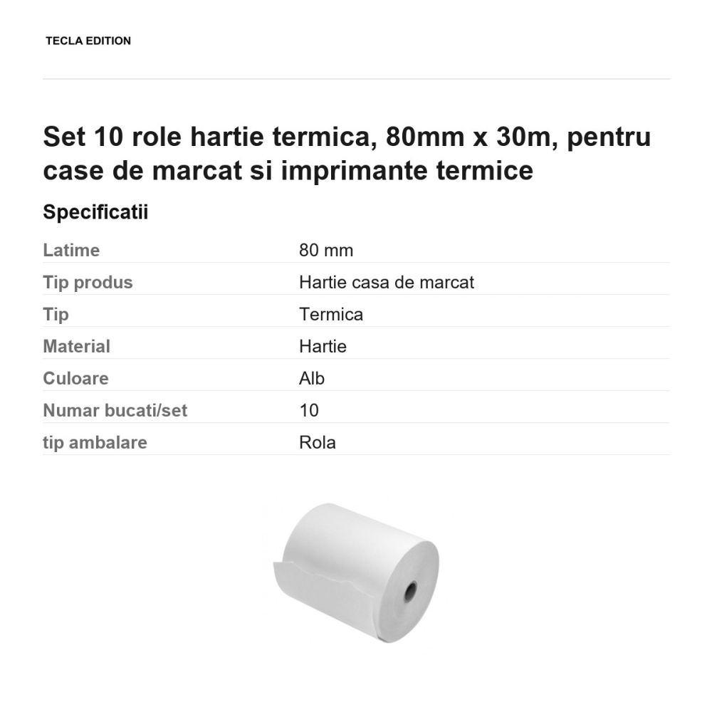 Set 10 role hartie termica, 80mm x 30m, pentru case de marcat si imprimante termice [3]
