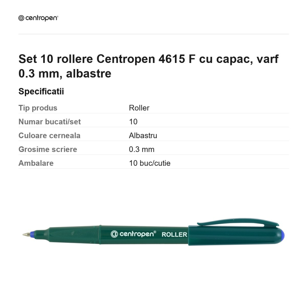 Set 10 rollere Centropen 4615 F cu capac, varf 0.3 mm, albastre [3]