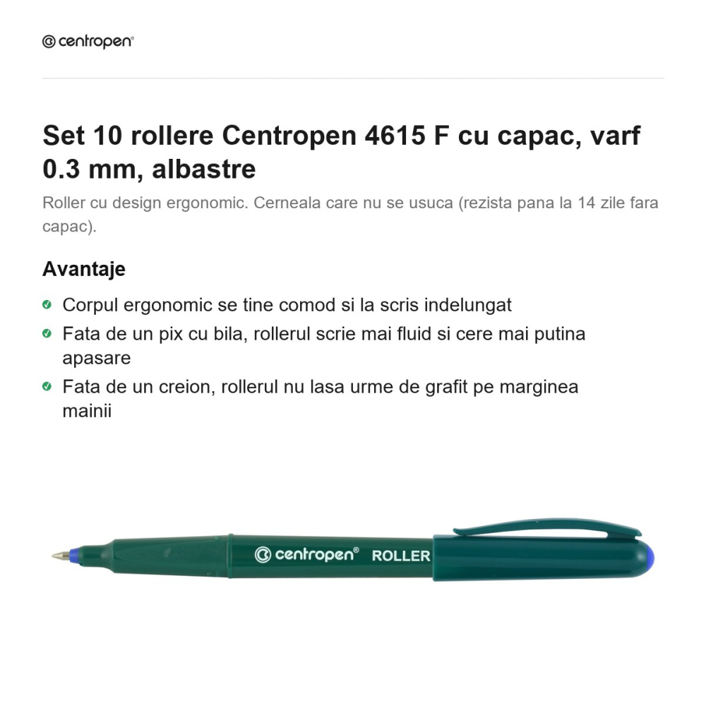 Set 10 rollere Centropen 4615 F cu capac, varf 0.3 mm, albastre [2]