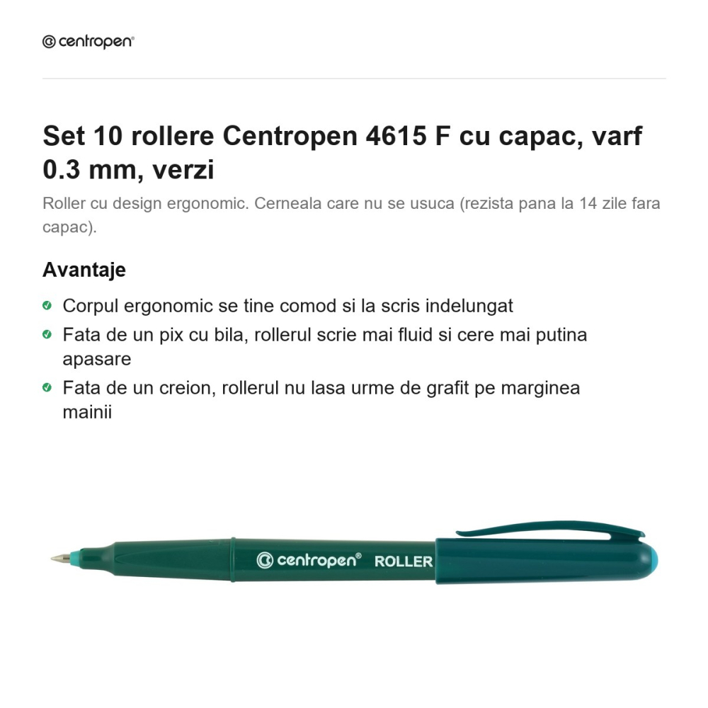 Set 10 rollere Centropen 4615 F cu capac, varf 0.3 mm, verzi [2]