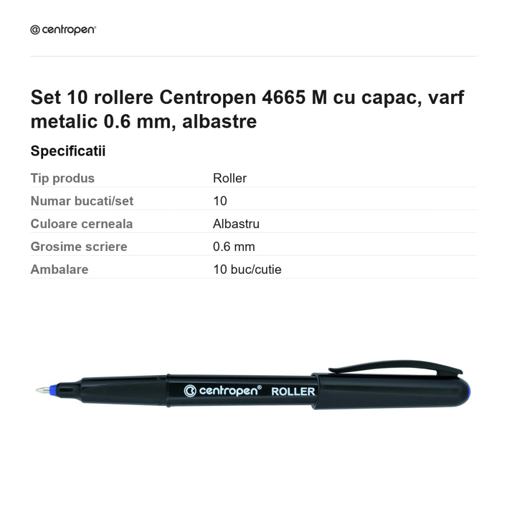 Set 10 rollere Centropen 4665 M cu capac, varf metalic 0.6 mm, albastre [3]