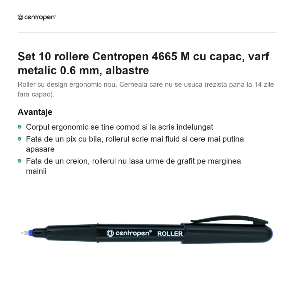 Set 10 rollere Centropen 4665 M cu capac, varf metalic 0.6 mm, albastre [2]