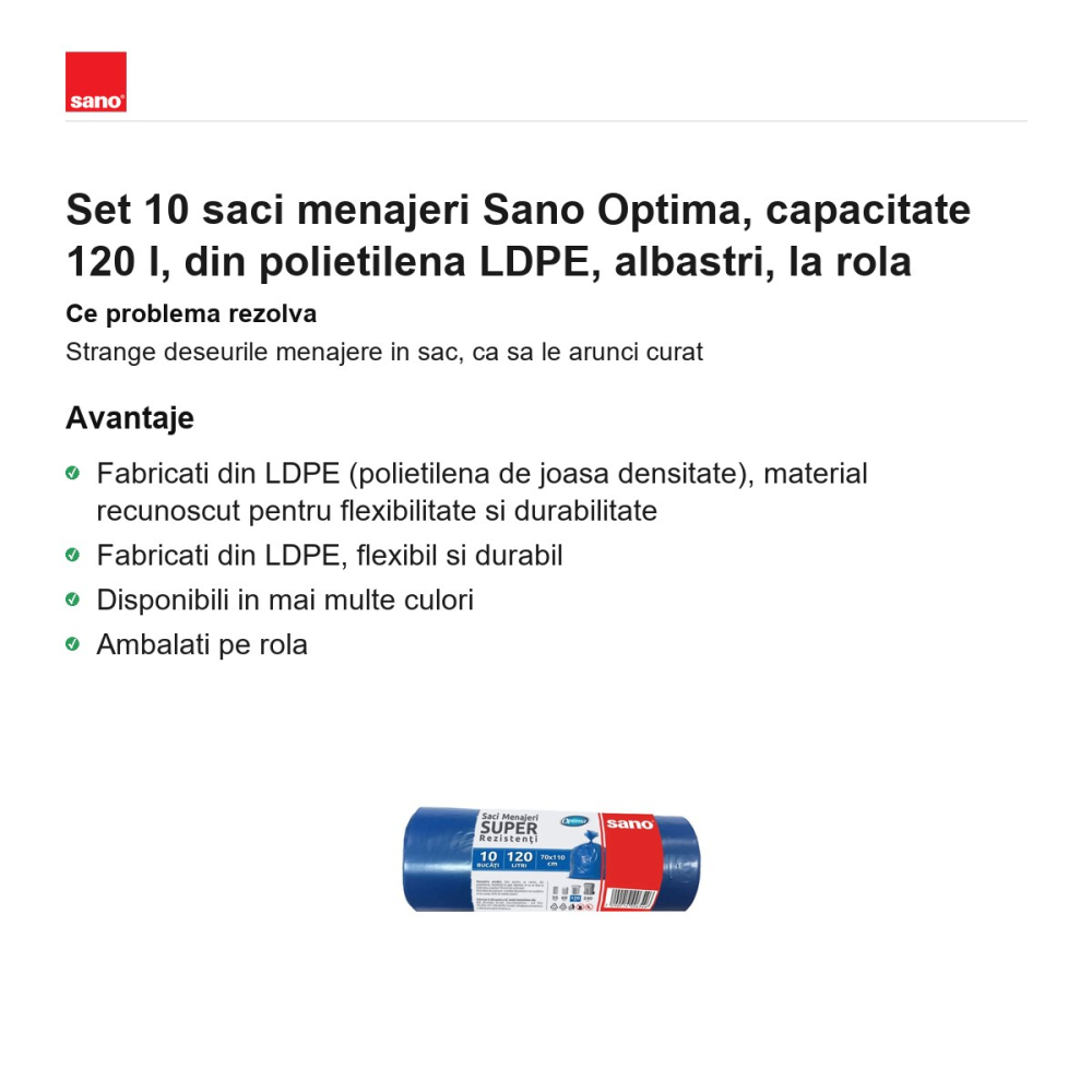 Set 10 saci menajeri Sano Optima, capacitate 120 l, din polietilena LDPE, albastri, la rola [2]