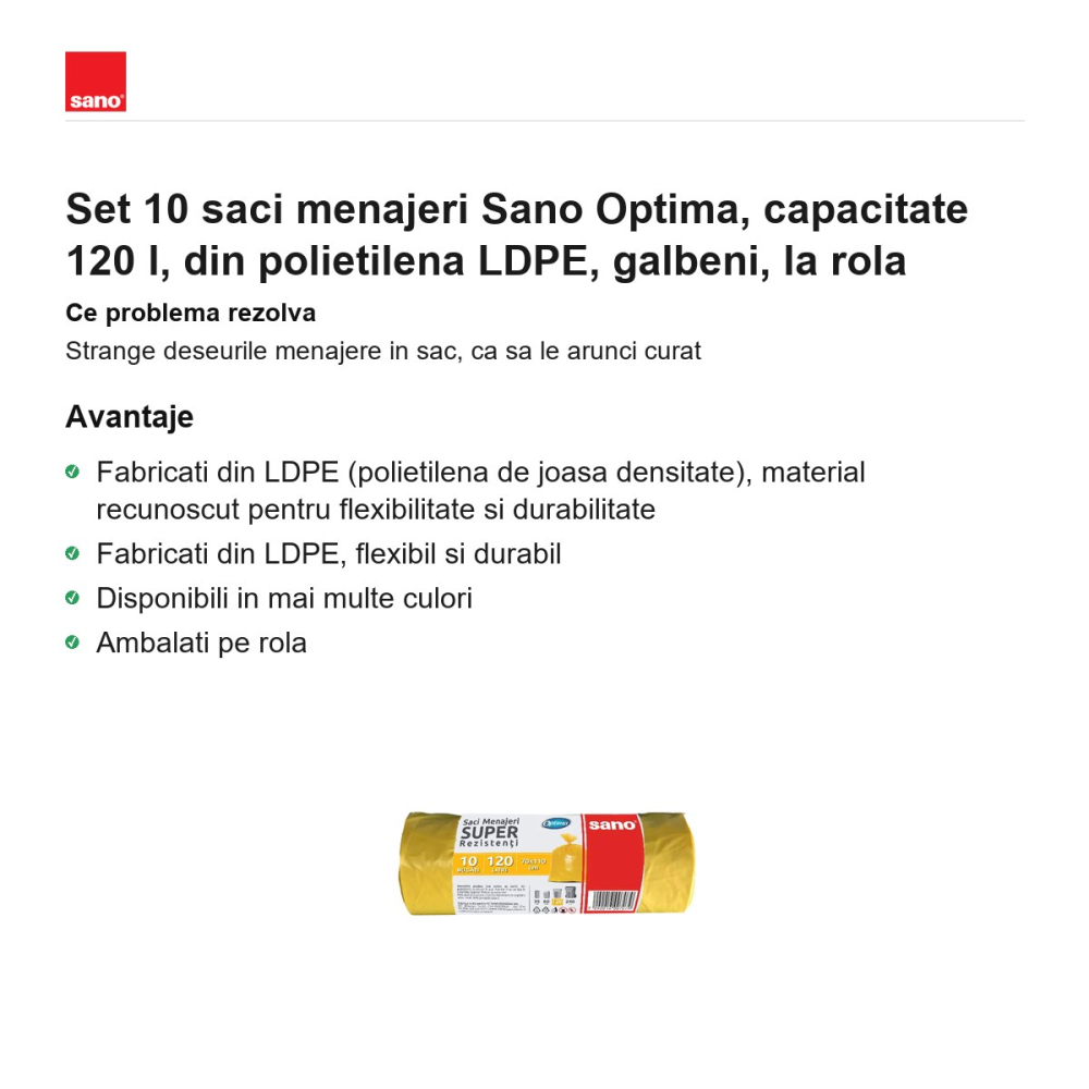 Set 10 saci menajeri Sano Optima, capacitate 120 l, din polietilena LDPE, galbeni, la rola [2]