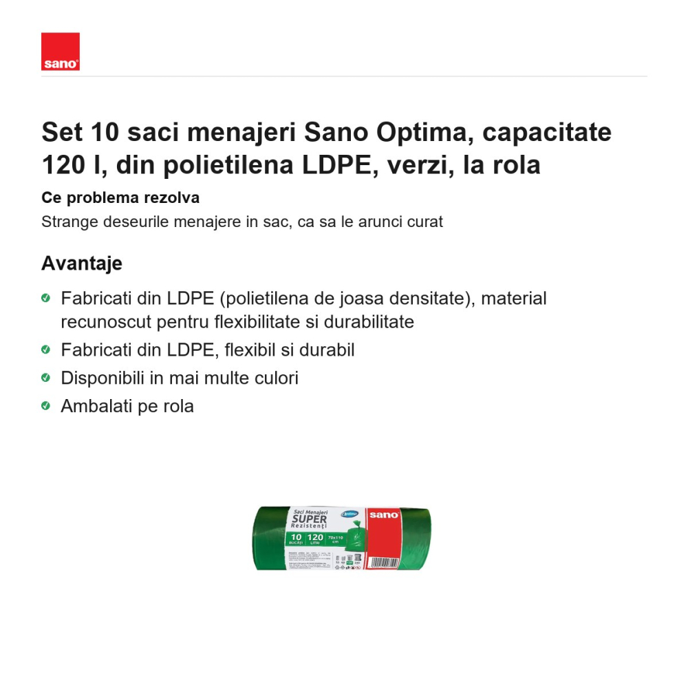 Set 10 saci menajeri Sano Optima, capacitate 120 l, din polietilena LDPE, verzi, la rola [2]
