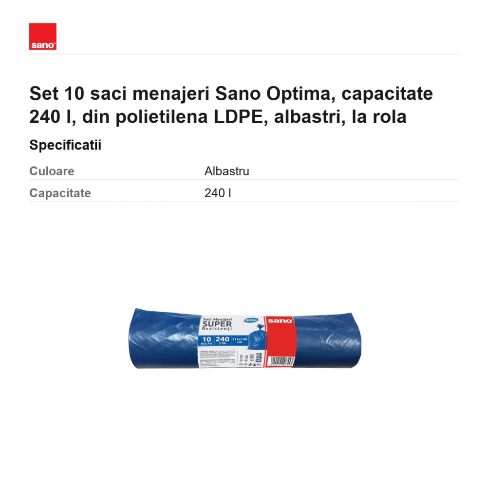 Set 10 saci menajeri Sano Optima, capacitate 240 l, din polietilena LDPE, albastri, la rola [3]