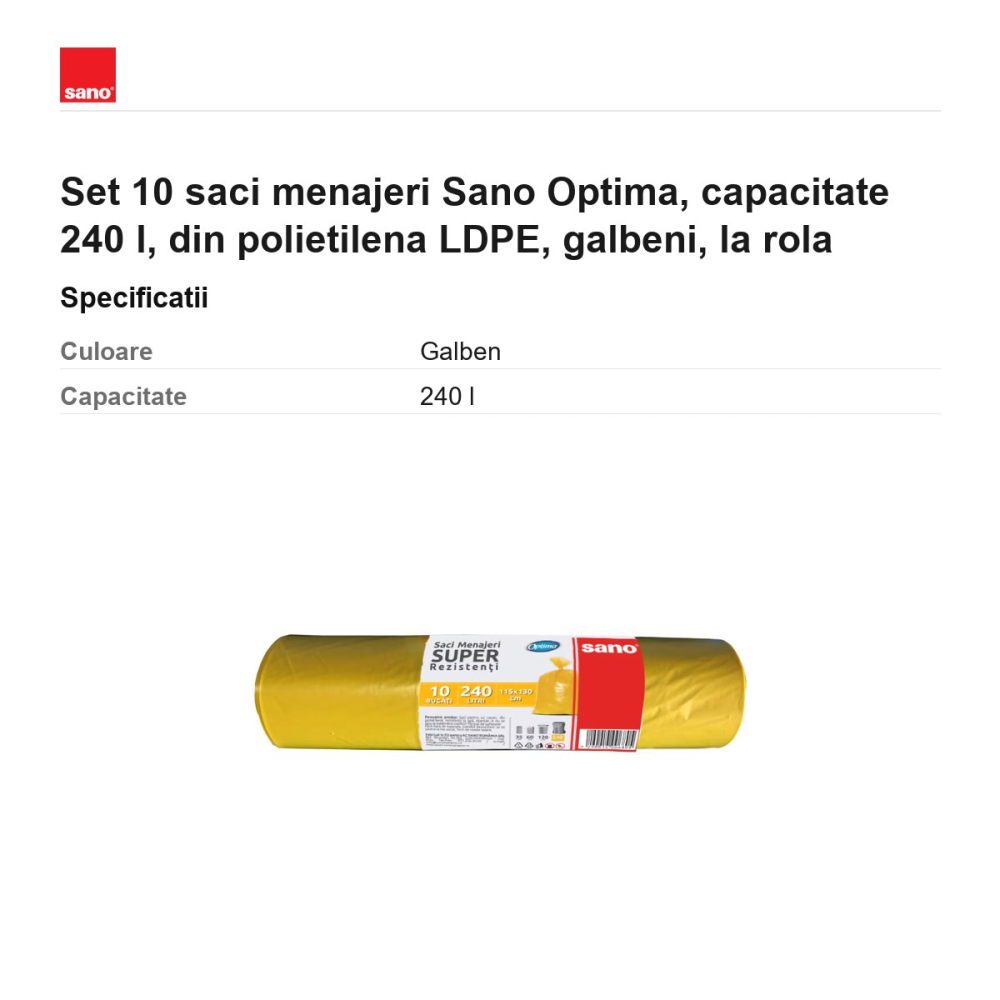 Set 10 saci menajeri Sano Optima, capacitate 240 l, din polietilena LDPE, galbeni, la rola [3]