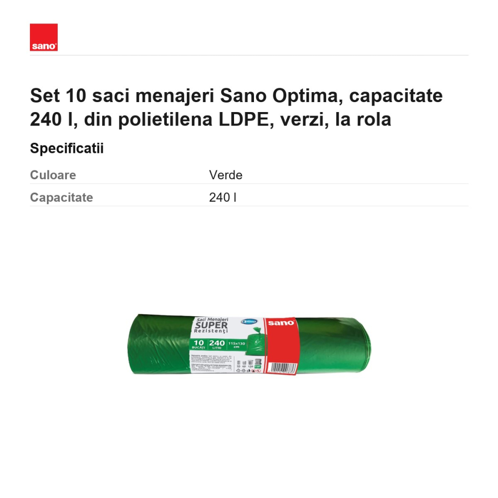Set 10 saci menajeri Sano Optima, capacitate 240 l, din polietilena LDPE, verzi, la rola [3]