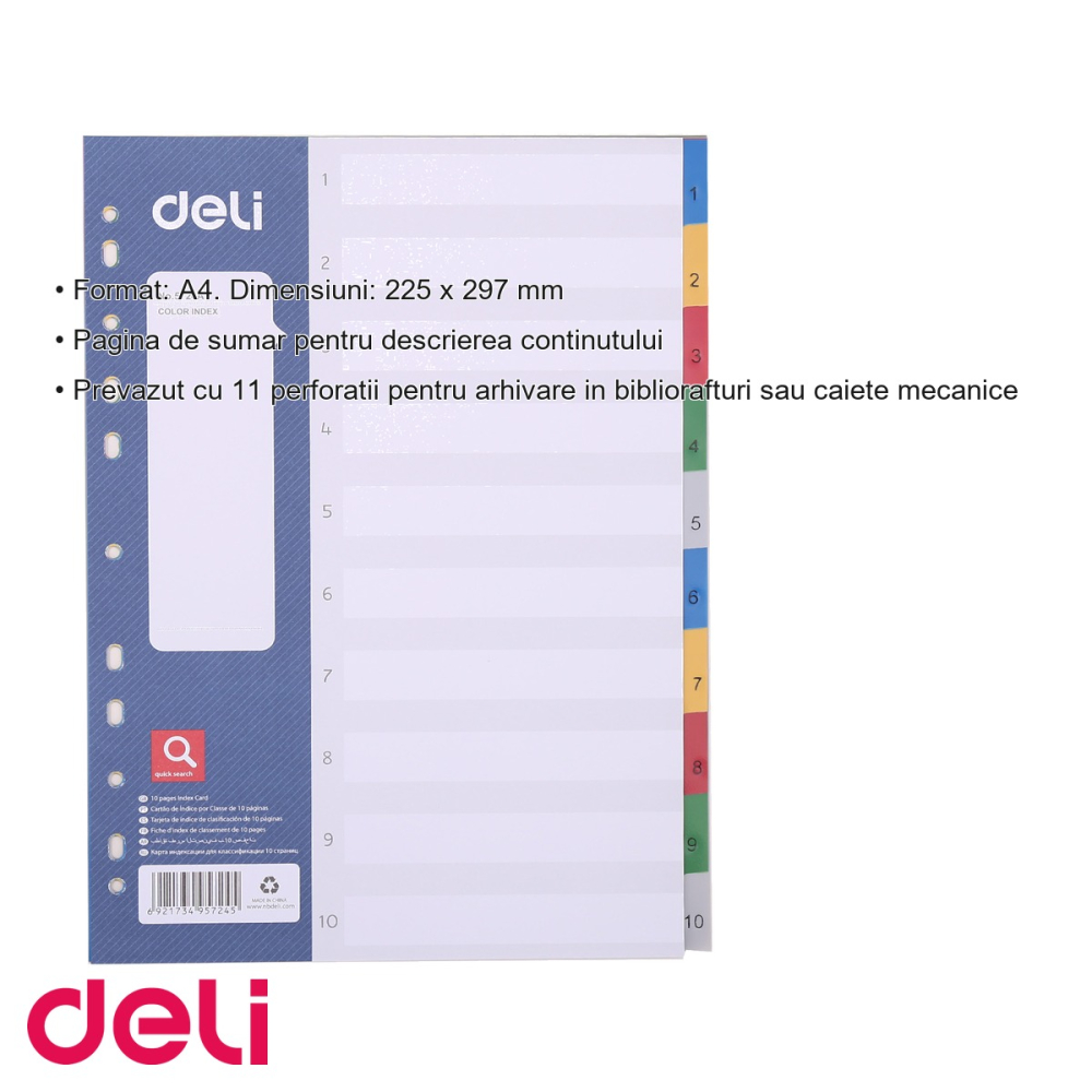 Set 10 separatoare index plastic Deli, format A4, 1-10, cu 11 perforatii, pentru organizare documente [3]