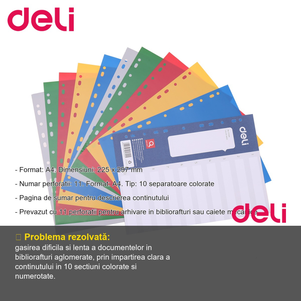 Set 10 separatoare index plastic Deli, format A4, 1-10, cu 11 perforatii, pentru organizare documente [2]