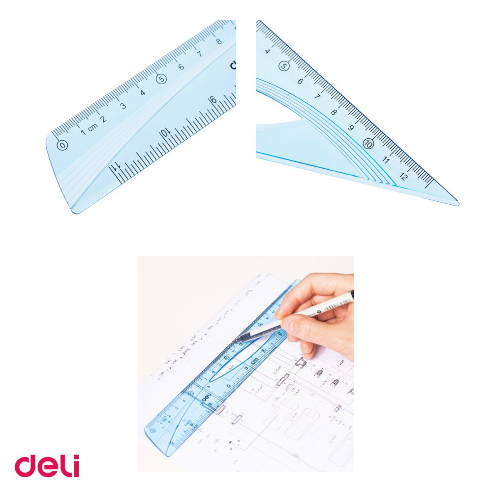 Set 10 seturi geometrie Deli 4 piese albastru transparent, rigla 20cm, echere si raportor, pentru scoala [4]