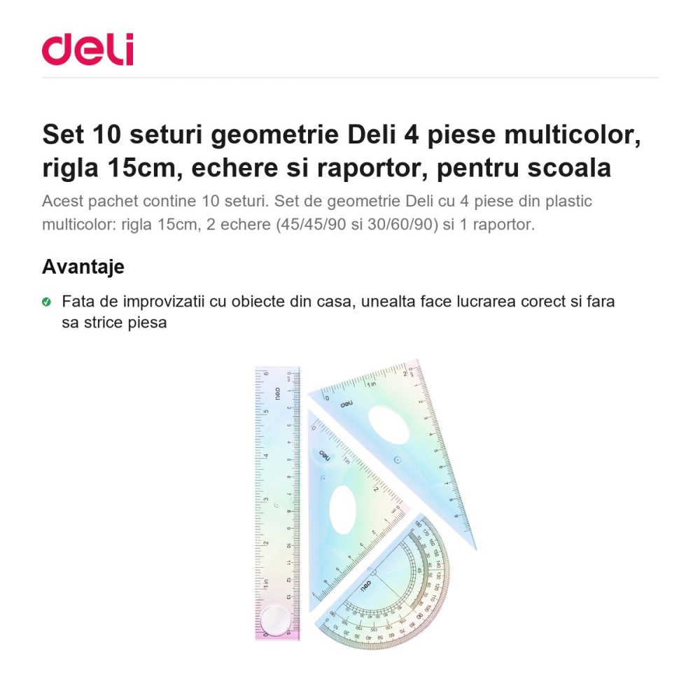 Set 10 seturi geometrie Deli 4 piese multicolor, rigla 15cm, echere si raportor, pentru scoala [2]