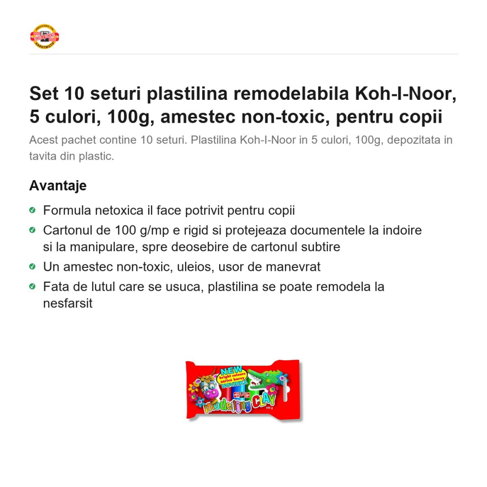 Set 10 seturi plastilina remodelabila Koh-I-Noor, 5 culori, 100g, amestec non-toxic, pentru copii [2]