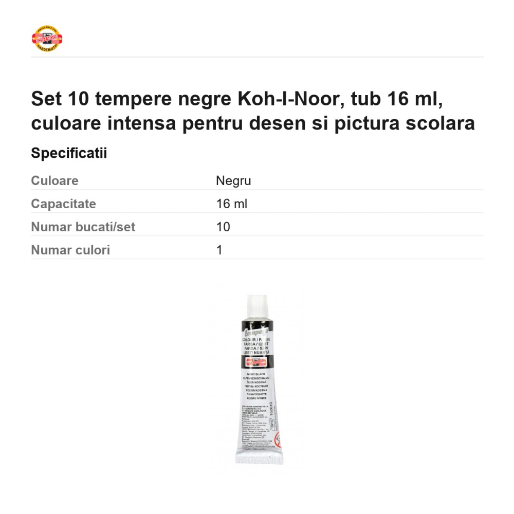 Set 10 tempere negre Koh-I-Noor, tub 16 ml, culoare intensa pentru desen si pictura scolara [3]