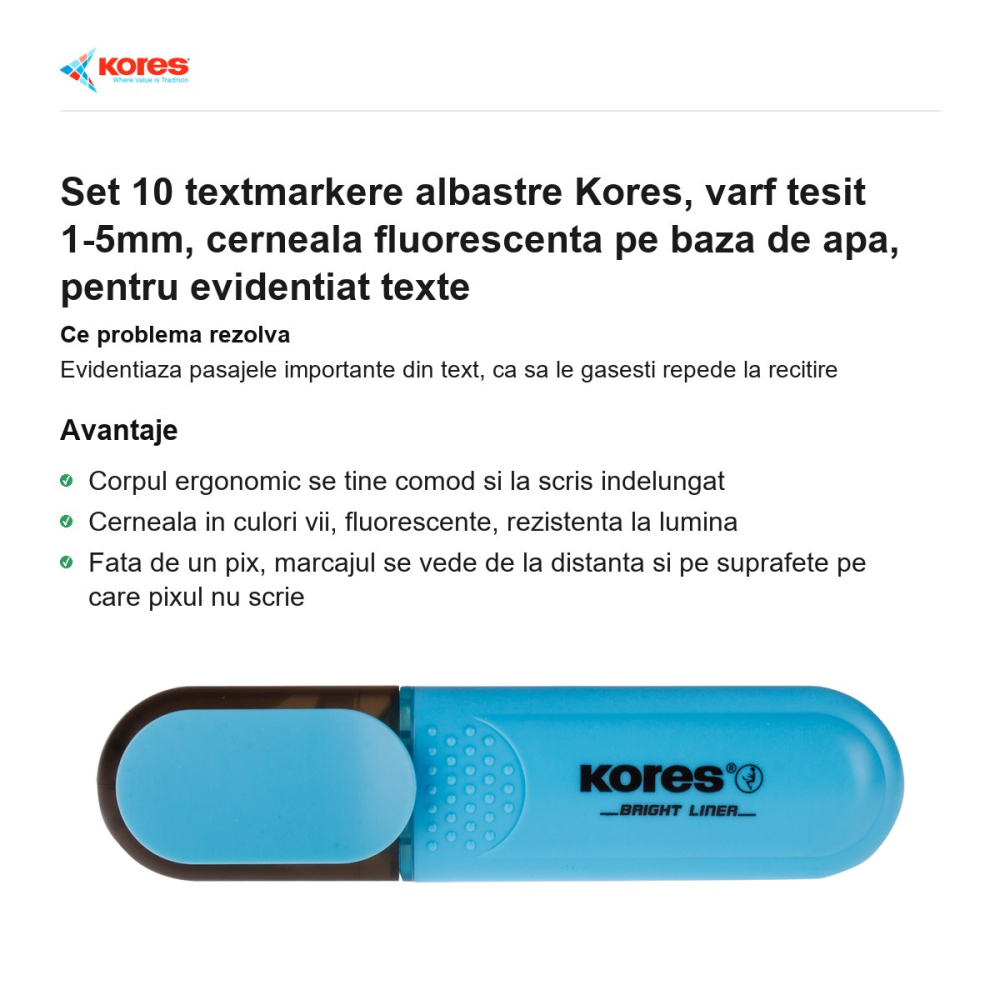 Set 10 textmarkere albastre Kores, varf tesit 1-5mm, cerneala fluorescenta pe baza de apa, pentru evidentiat texte [2]
