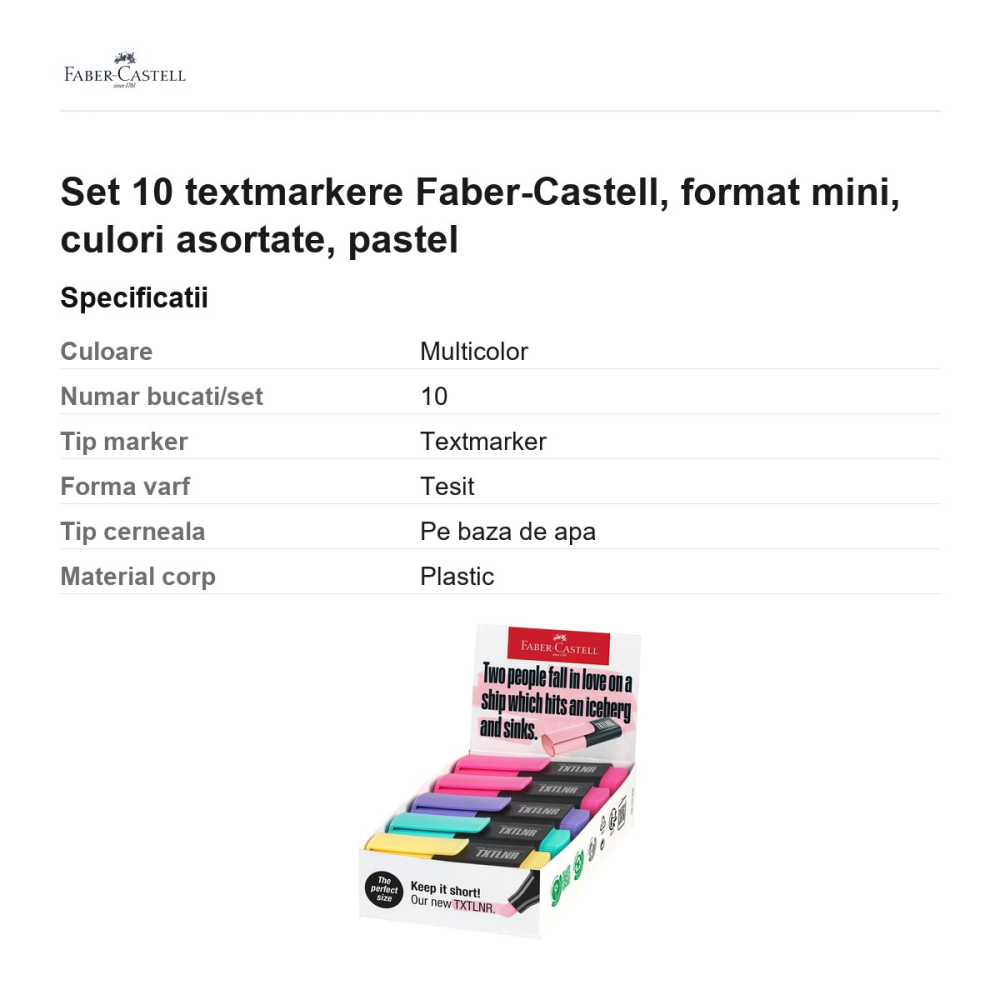 Set 10 textmarkere Faber-Castell, format mini, culori asortate, pastel [3]