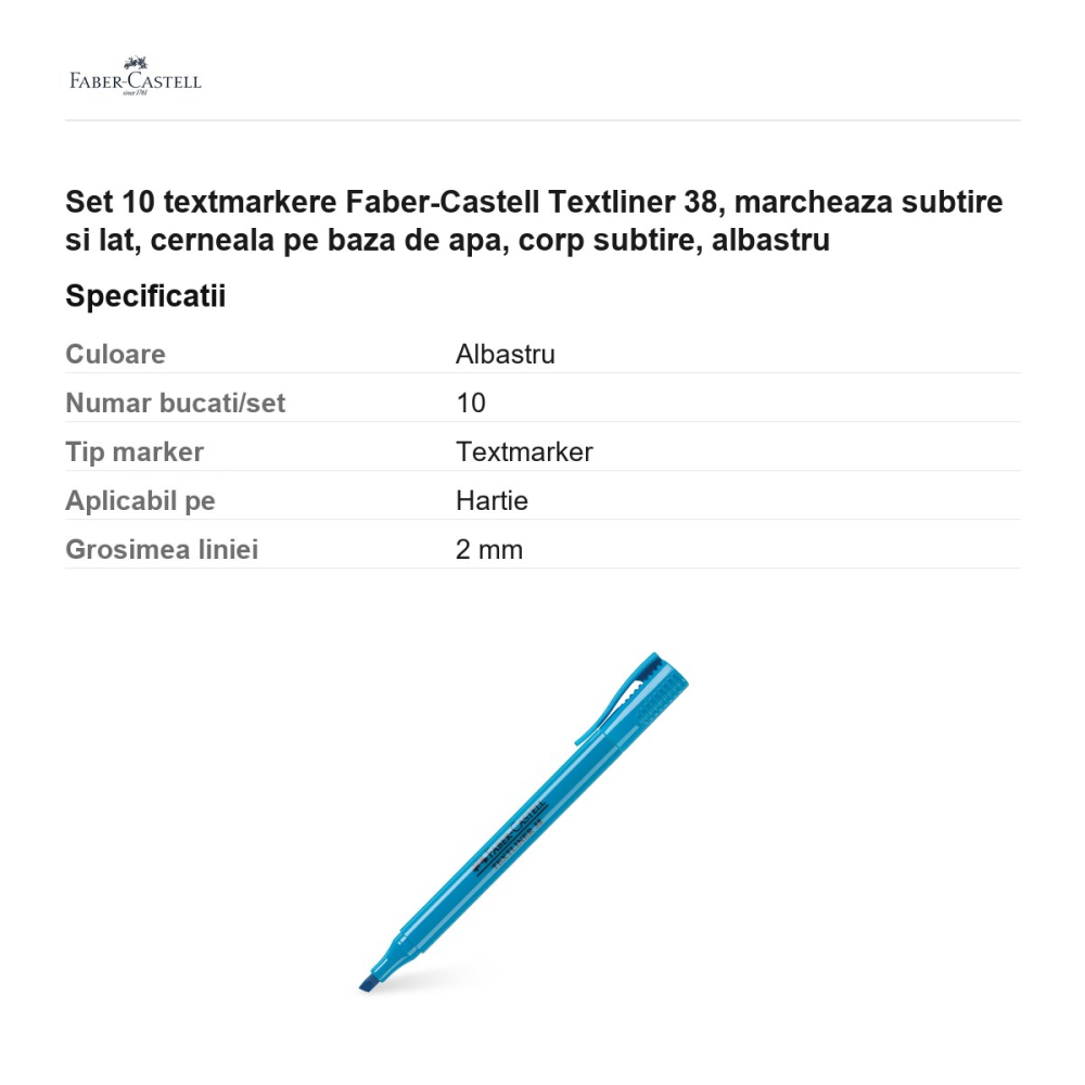 Set 10 textmarkere Faber-Castell Textliner 38, marcheaza subtire si lat, cerneala pe baza de apa, corp subtire, albastru [3]