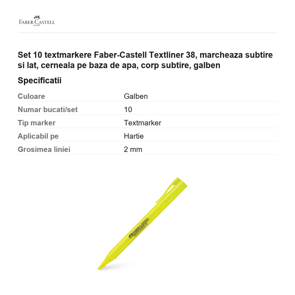 Set 10 textmarkere Faber-Castell Textliner 38, marcheaza subtire si lat, cerneala pe baza de apa, corp subtire, galben [3]