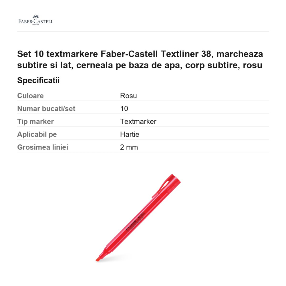 Set 10 textmarkere Faber-Castell Textliner 38, marcheaza subtire si lat, cerneala pe baza de apa, corp subtire, rosu [3]