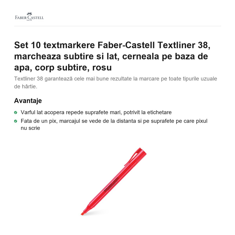 Set 10 textmarkere Faber-Castell Textliner 38, marcheaza subtire si lat, cerneala pe baza de apa, corp subtire, rosu [2]