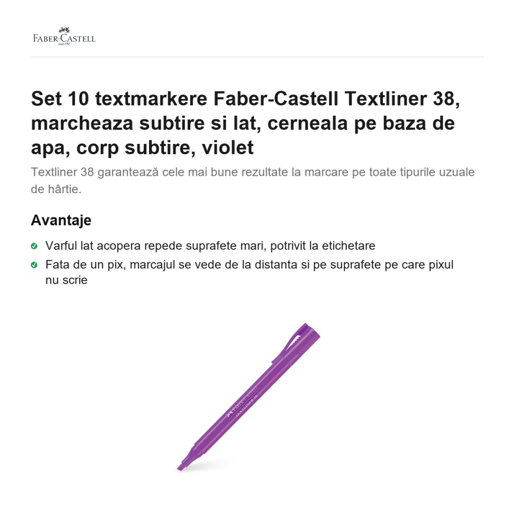 Set 10 textmarkere Faber-Castell Textliner 38, marcheaza subtire si lat, cerneala pe baza de apa, corp subtire, violet [2]